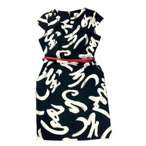 Emma & Michele Midi Dress Women 14 Black White Printed Belted 70s Classy Elegant